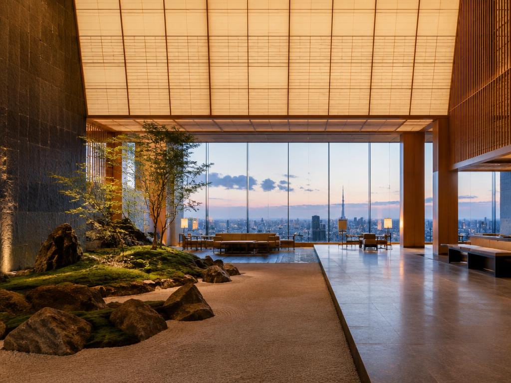 Minimalist hotel lobby with stone garden high above Tokyo