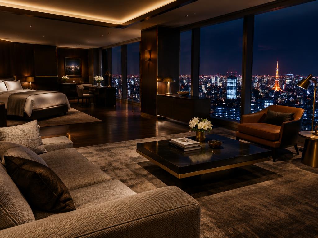 Contemporary luxury suite high above Tokyo at night