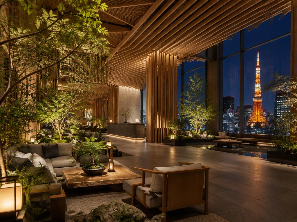 Plant-filled hotel lobby with Tokyo Tower view at night