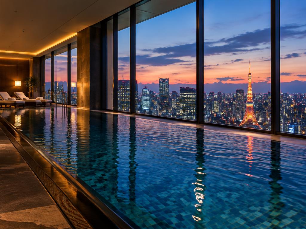 High-floor indoor hotel pool with Tokyo skyline views at dusk