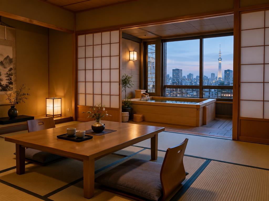 Japanese-style hotel room with tatami, shoji screens and a wooden bath