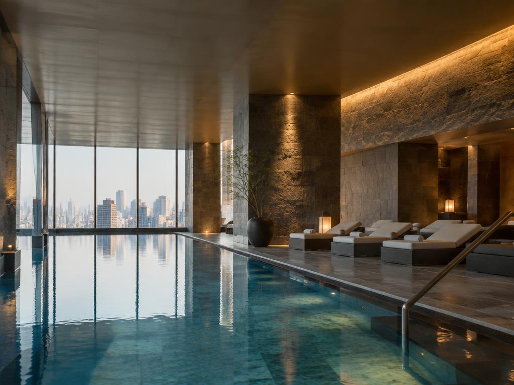 Hotel wellness center pool with Tokyo city views