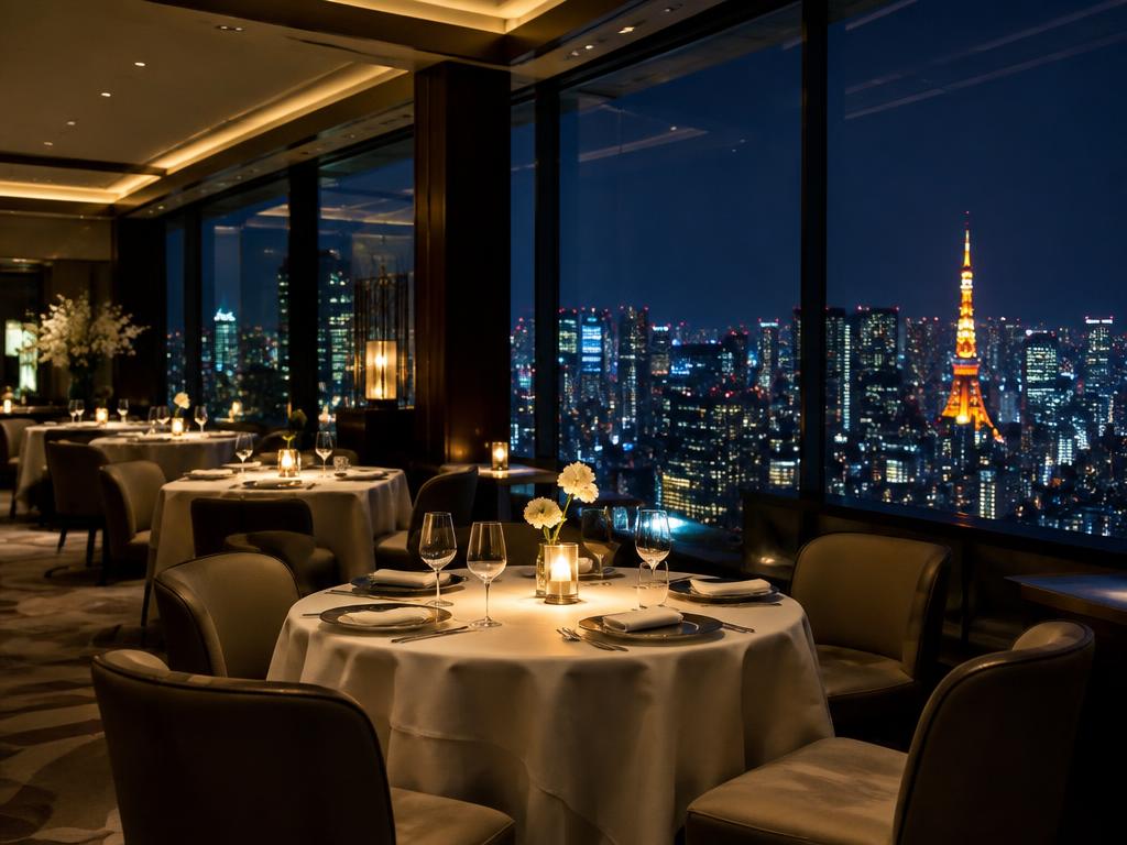 High-floor hotel restaurant with Tokyo skyline views at night