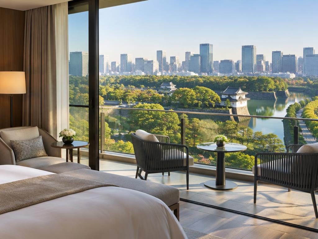 Hotel room balcony overlooking the Imperial Palace gardens in Tokyo