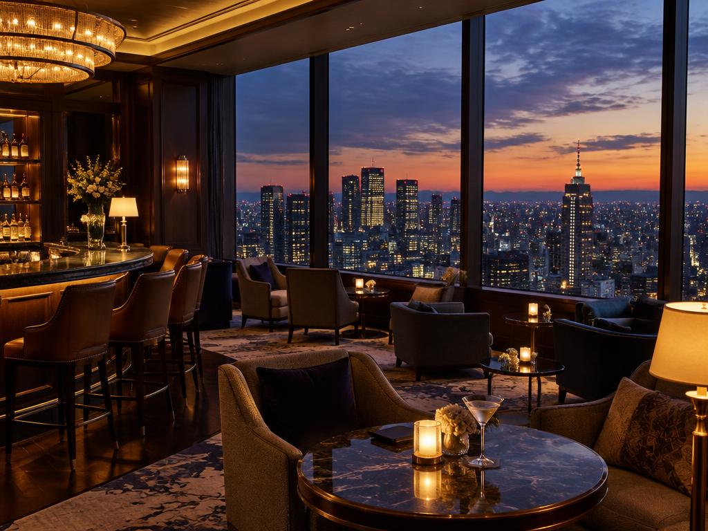Hotel lounge bar with Tokyo skyline views at dusk