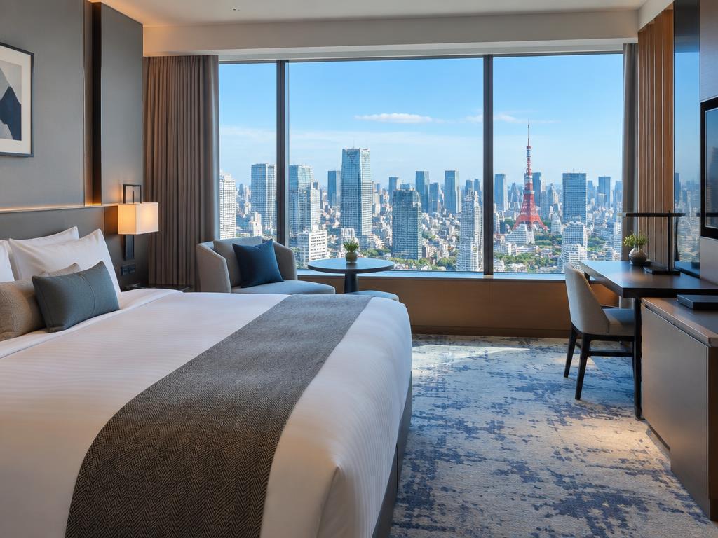 High-floor hotel room with wide window over central Tokyo