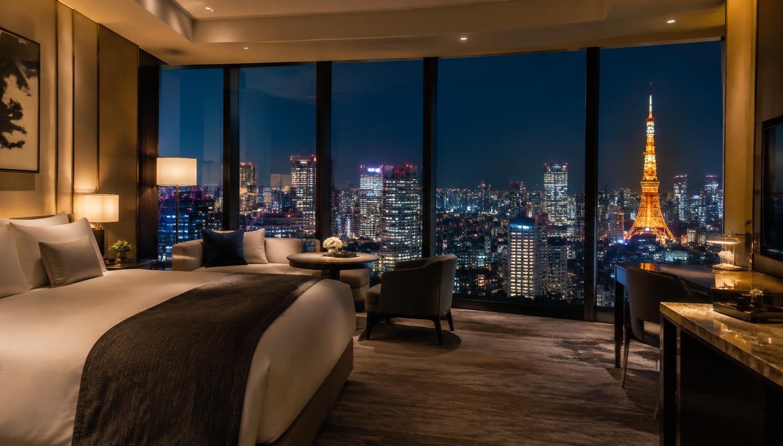 Luxury hotel room at night overlooking the Tokyo skyline and Tokyo Tower