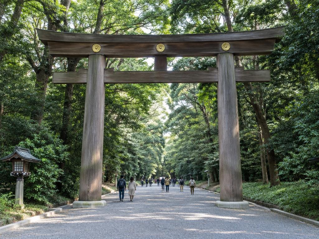 Giant wooden torii gate on the forest path to Meiji Shrine