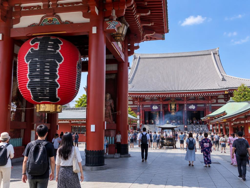 Sensoji Temple gate lantern and main hall in Asakusa