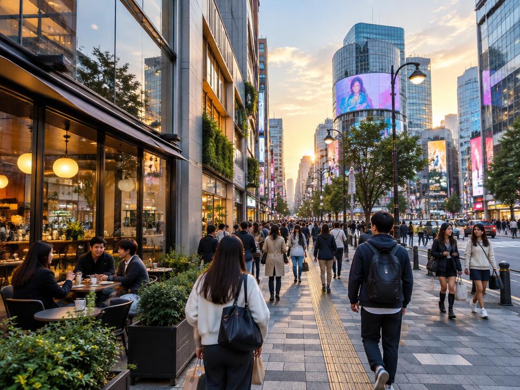 Shibuya shopping street with cafés at golden hour, Tokyo
