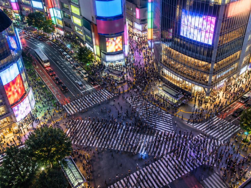 Shibuya Crossing seen from above at night