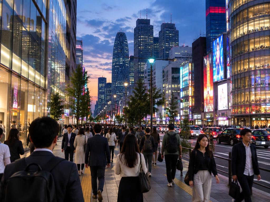 Shinjuku street with skyscrapers and evening lights, Tokyo