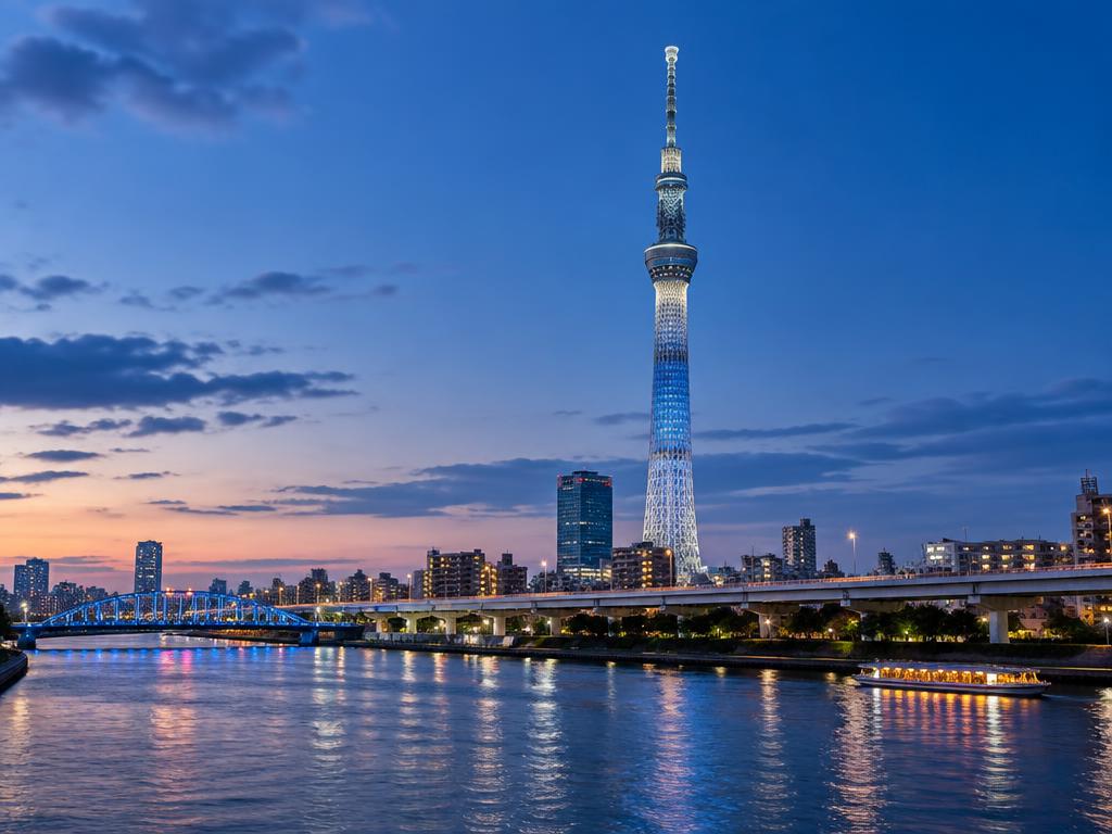Tokyo Skytree above the Sumida River at blue hour