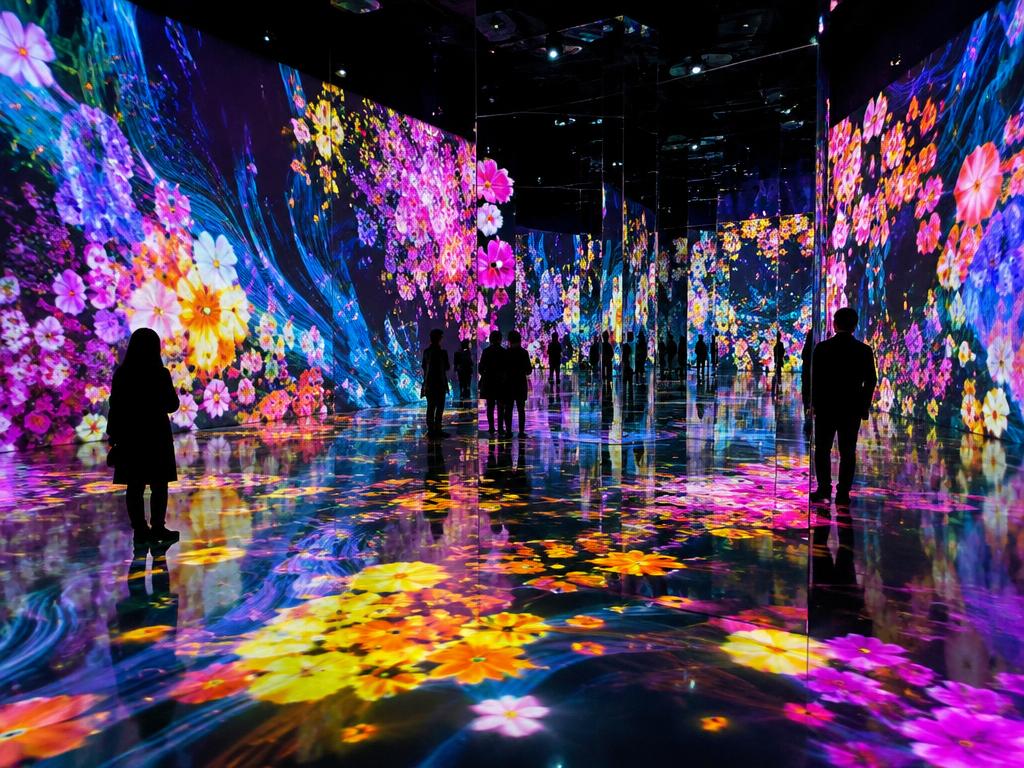 Immersive digital-art room with projected flowers and mirrored floors, representative of teamLab Borderless