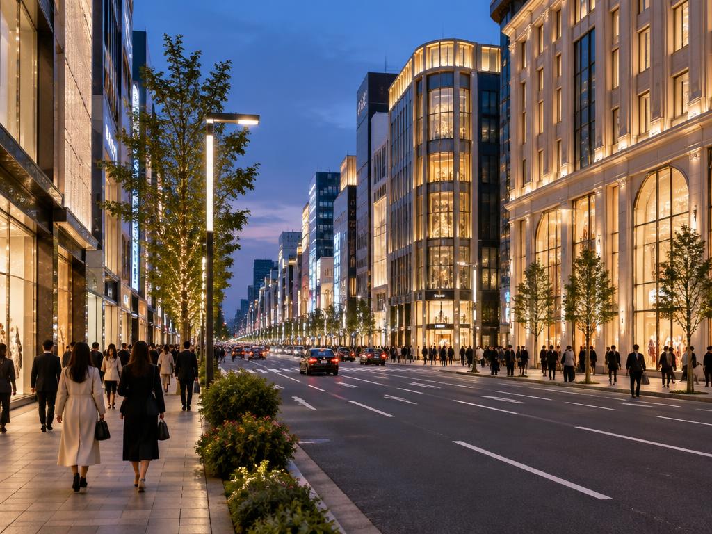 Illuminated department stores along a Ginza avenue in the evening