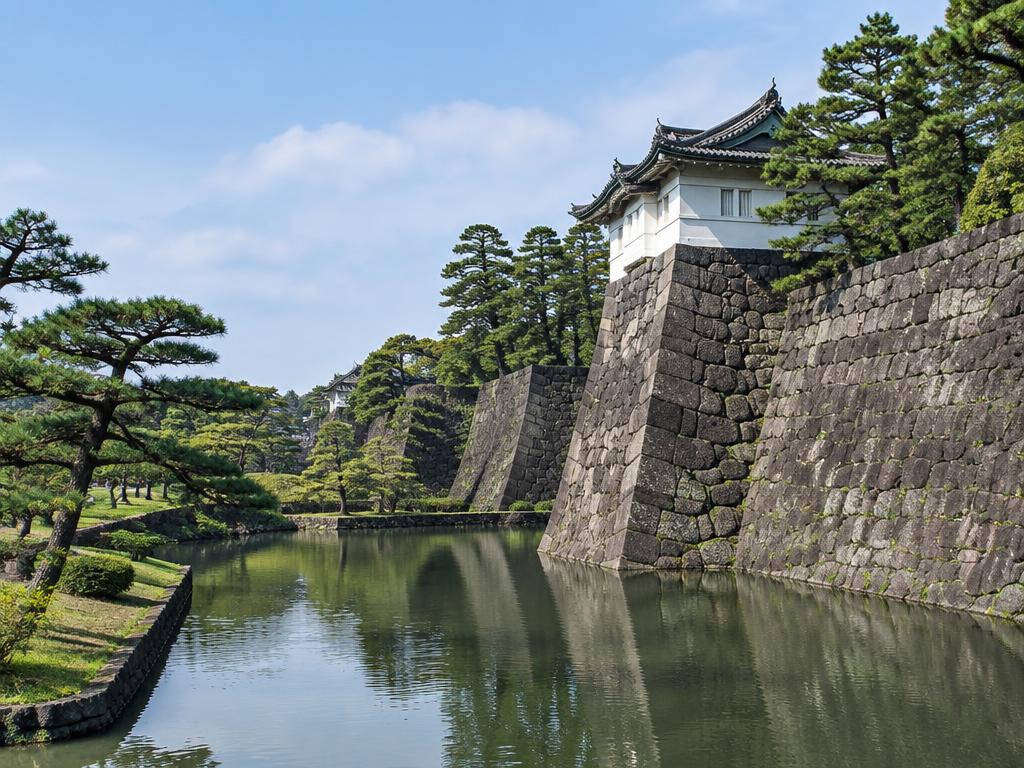 Stone walls, moat and pine trees at the Imperial Palace East Gardens, Tokyo