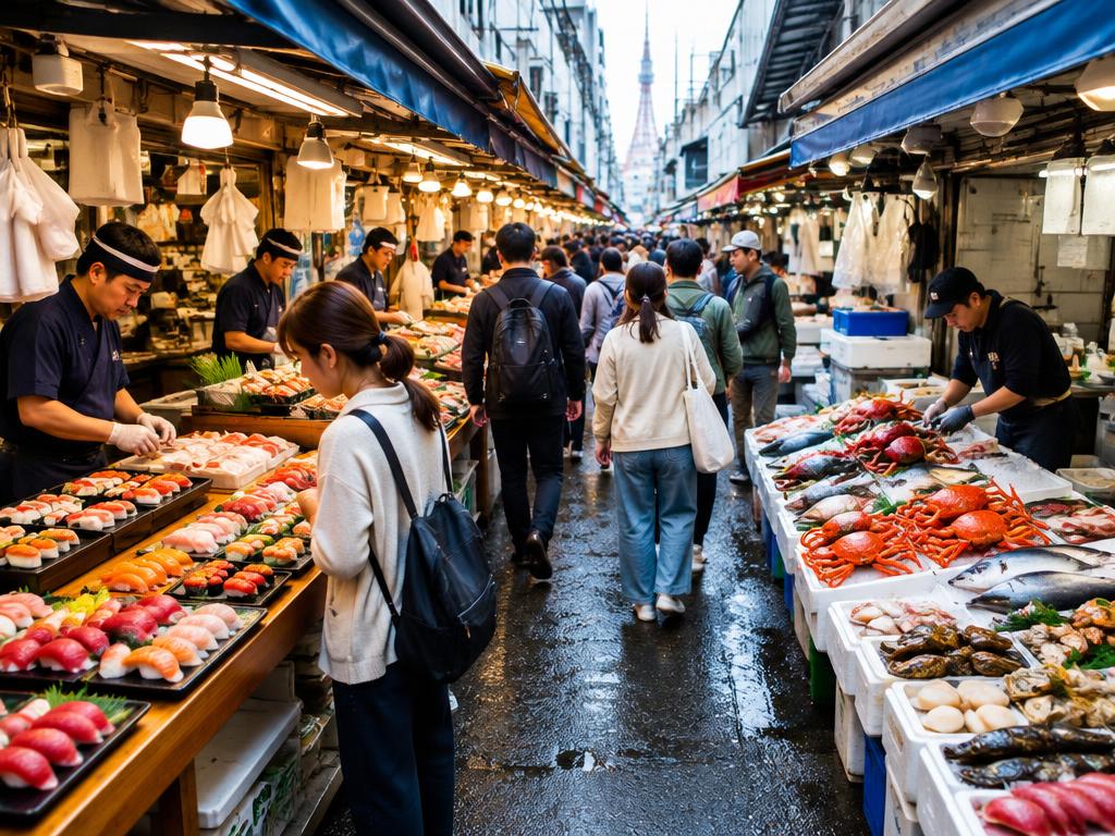 Seafood and sushi stalls along a busy market lane, representative of Tsukiji Outer Market