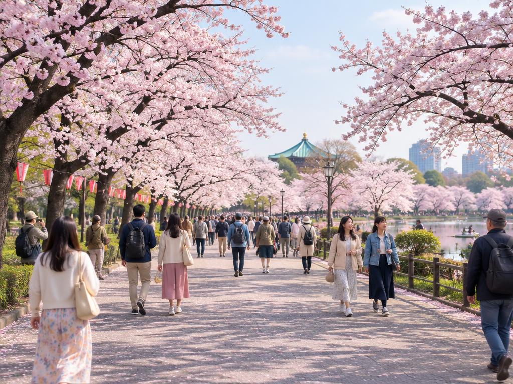 Cherry blossoms lining a path in Ueno Park, Tokyo