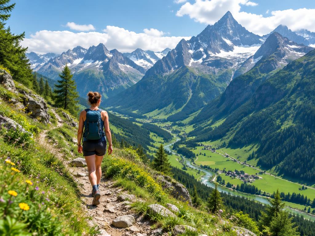 Hiker on a mountain trail above a green valley with snow-capped peaks