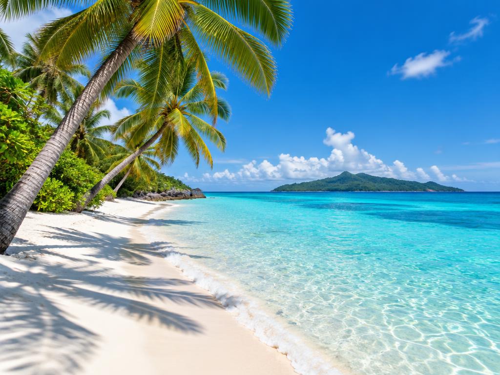 Palm trees leaning over a white-sand tropical beach with clear turquoise water