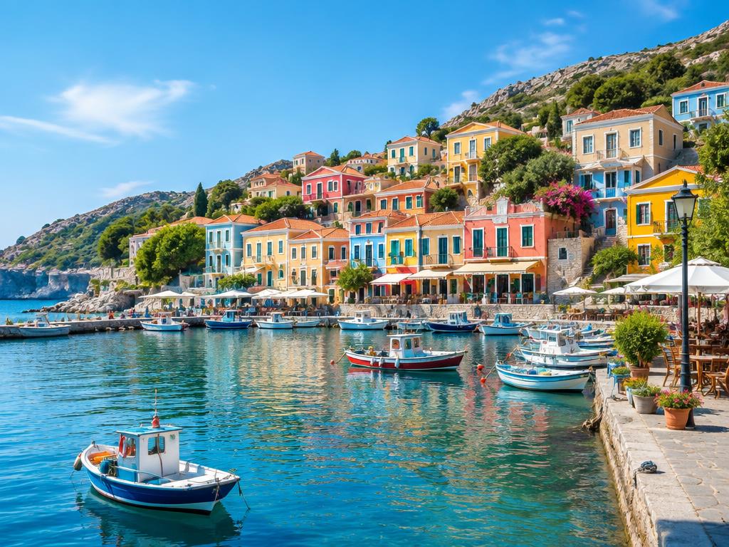 Colorful seaside town with small boats in a sunny harbor