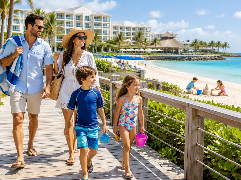 Family walking on a boardwalk by a family-friendly beach resort