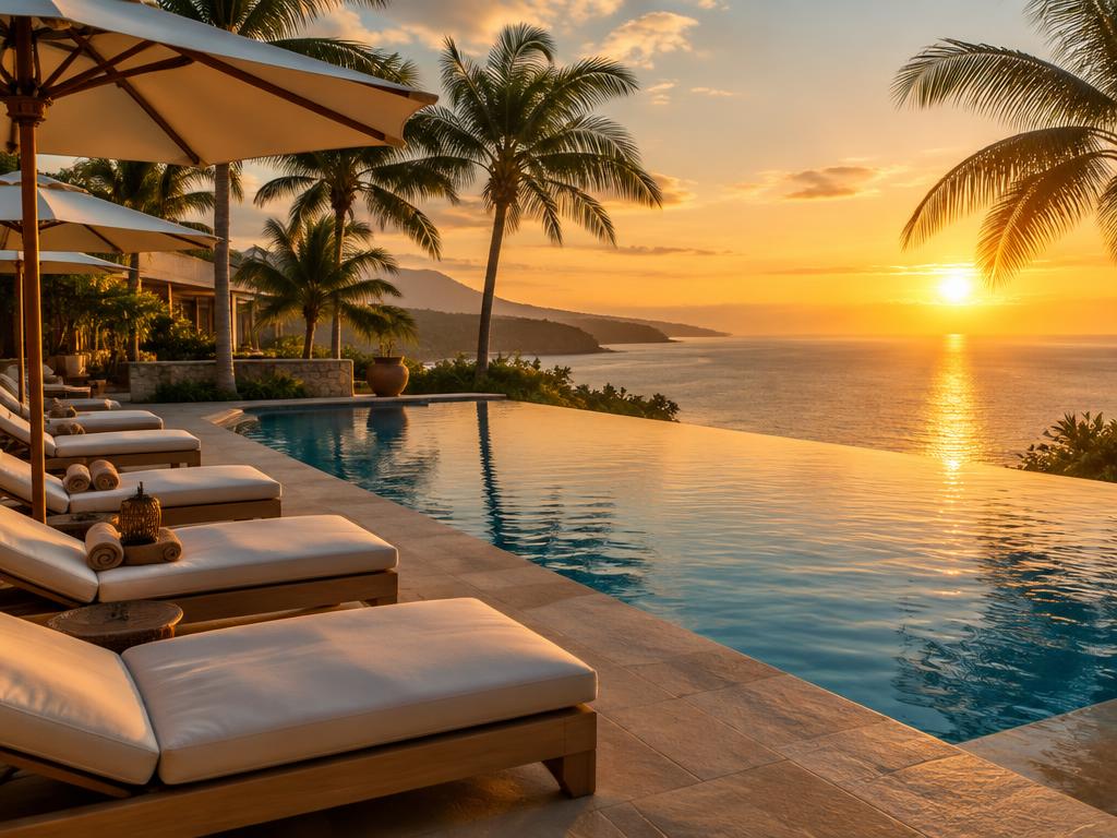 Infinity pool with loungers at an upscale resort overlooking the sea at sunset