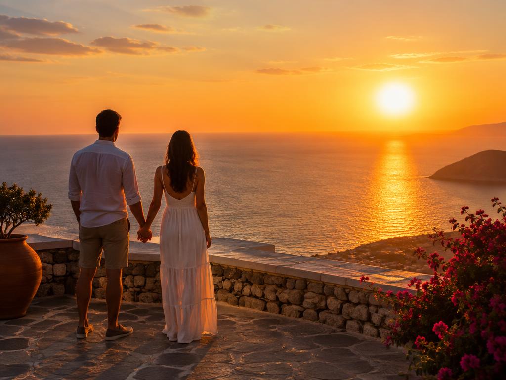 Couple holding hands watching a golden sunset over the sea from a stone terrace