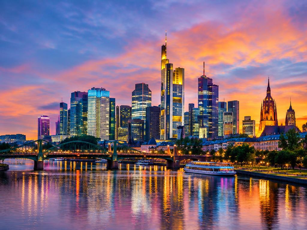 City skyline at dusk with lights reflected in a river